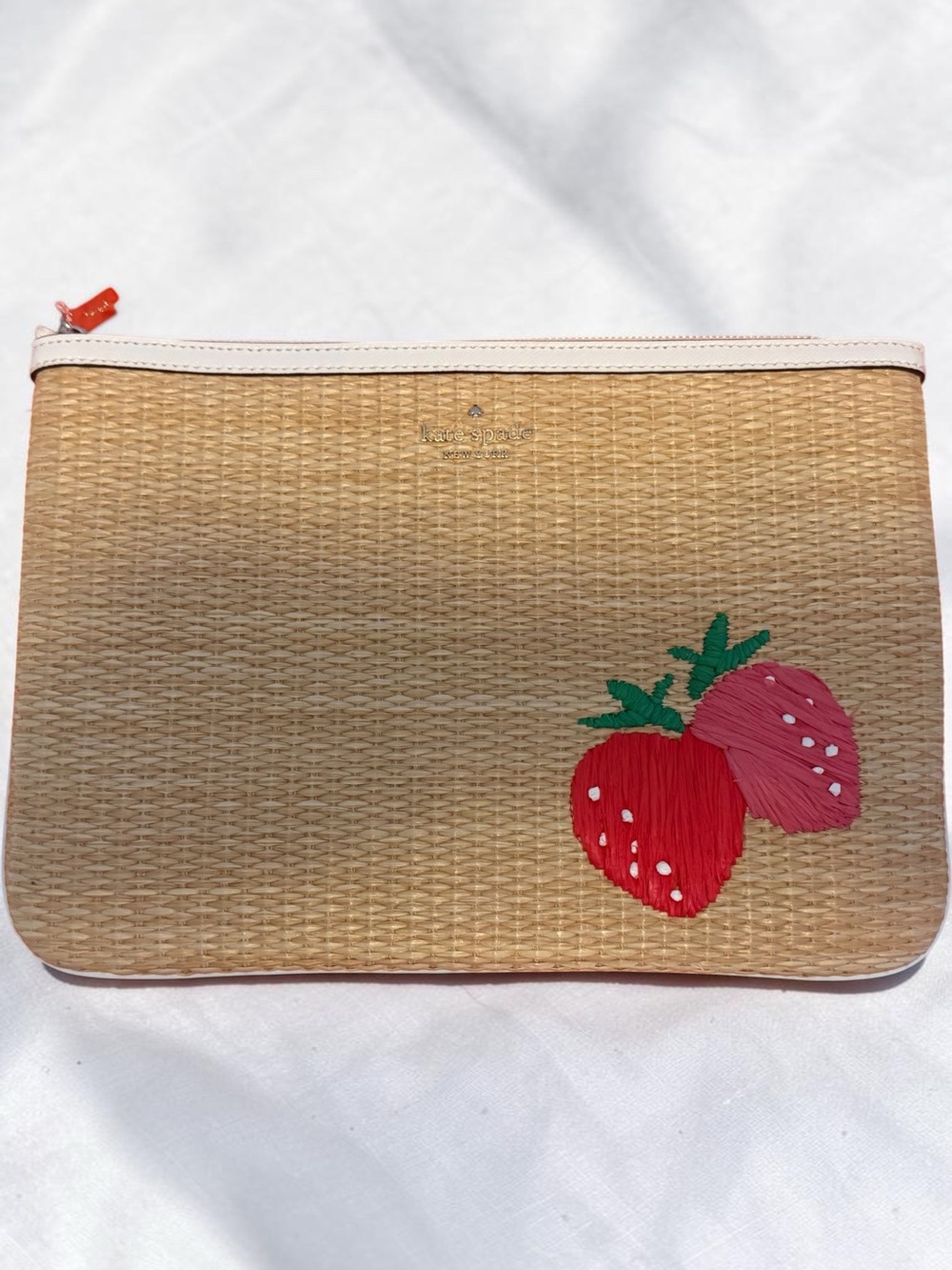 Kate Spade HAND MADE Straw Woven Pouch with Strawberry Embroidery. - Picture 3 of 11